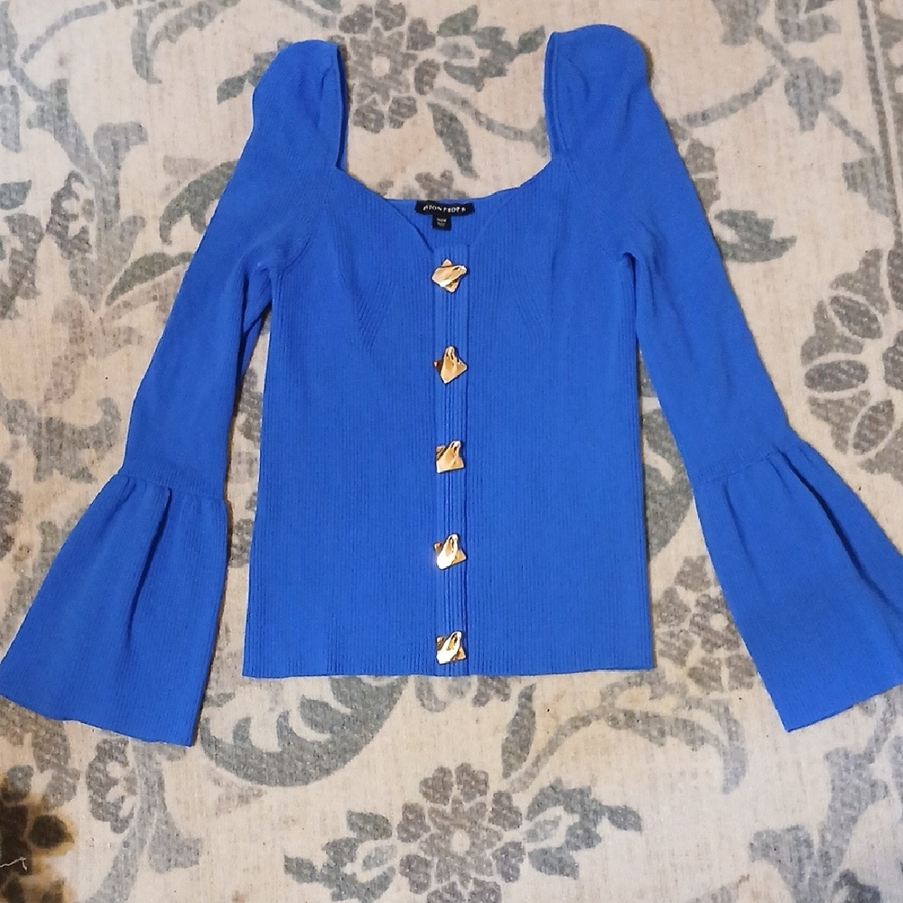 Boston Proper Electric Blue Ribbed Long Sleeve Top with Gold Buttons